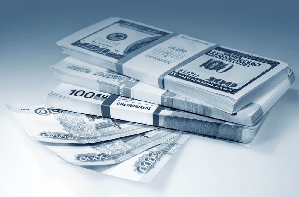 Bundle of American Dollars, Euro, Rubles
