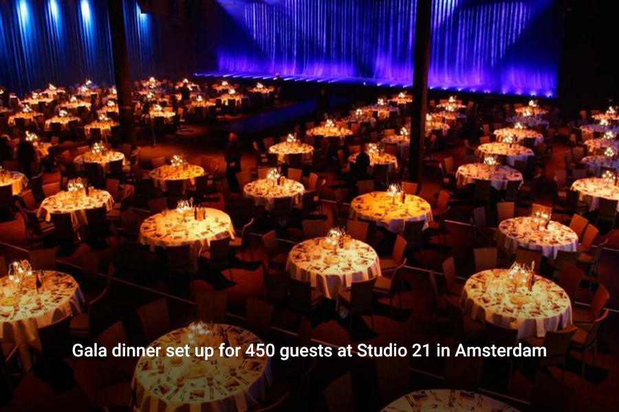 Gala dinner set up for 450 guests at Studio 21 in Amsterdam
