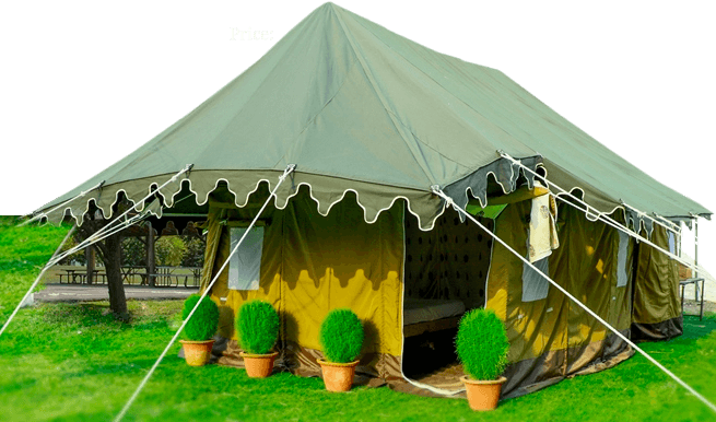 A yellow tent house with small plant pots